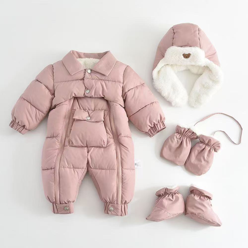 Baby Thickened Cotton-Padded Jumpsuit & Hat