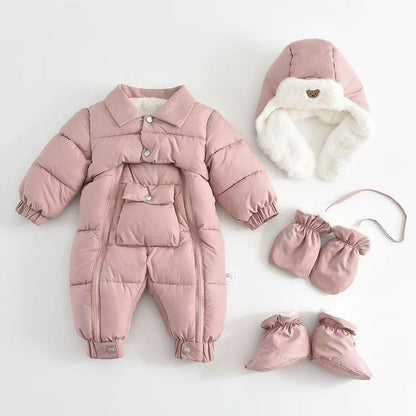 Baby Thickened Cotton-Padded Jumpsuit & Hat