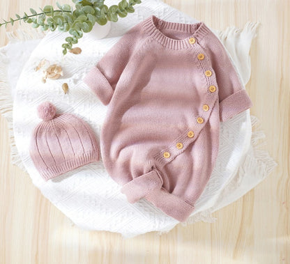 Cozy Knit Baby Romper Set with Hat