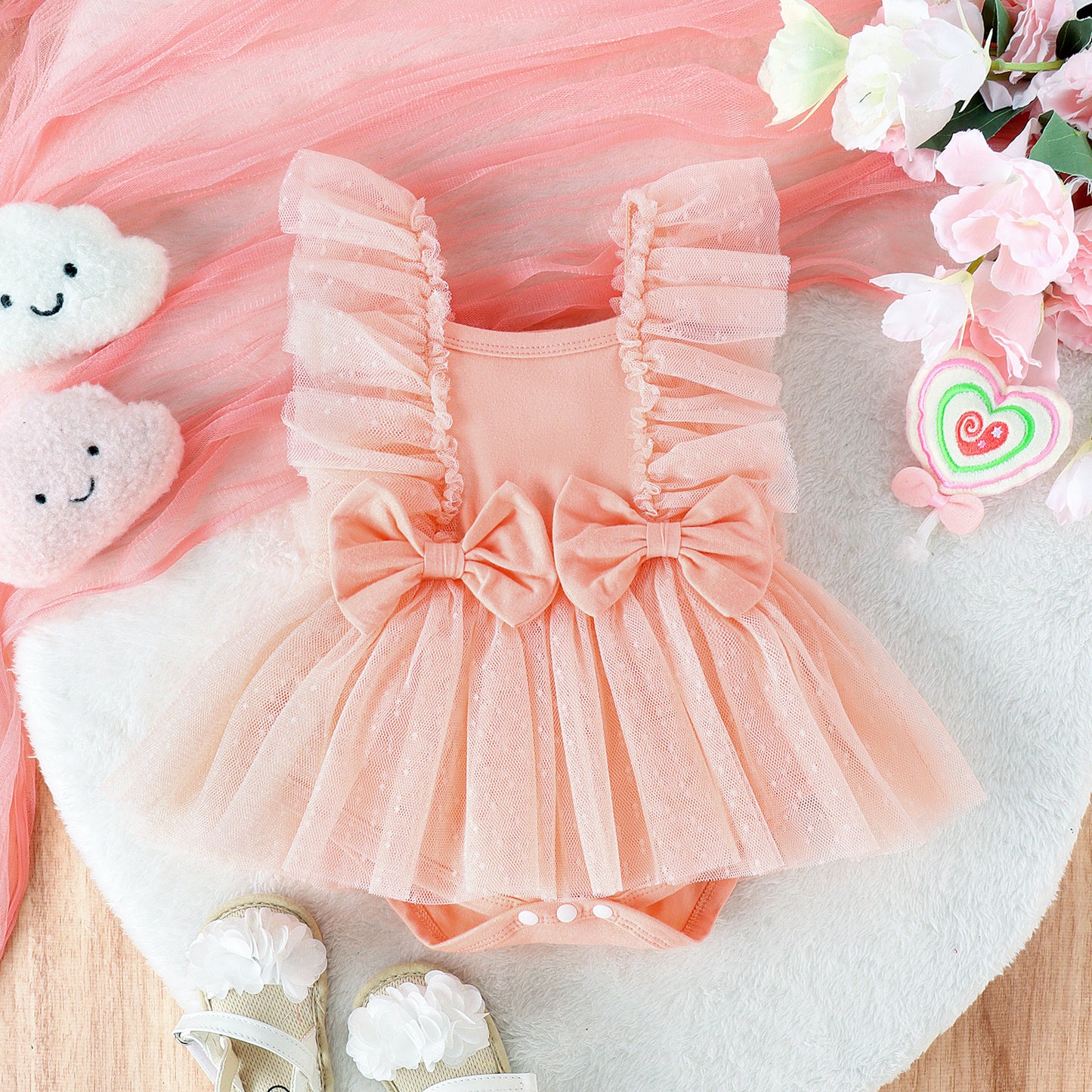 Baby Girl Cotton Princess Jumpsuit Dress with Net Skirt
