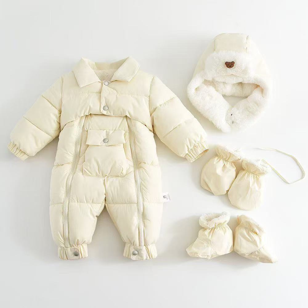 Baby Thickened Cotton-Padded Jumpsuit & Hat