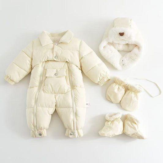 Baby Thickened Cotton-Padded Jumpsuit & Hat