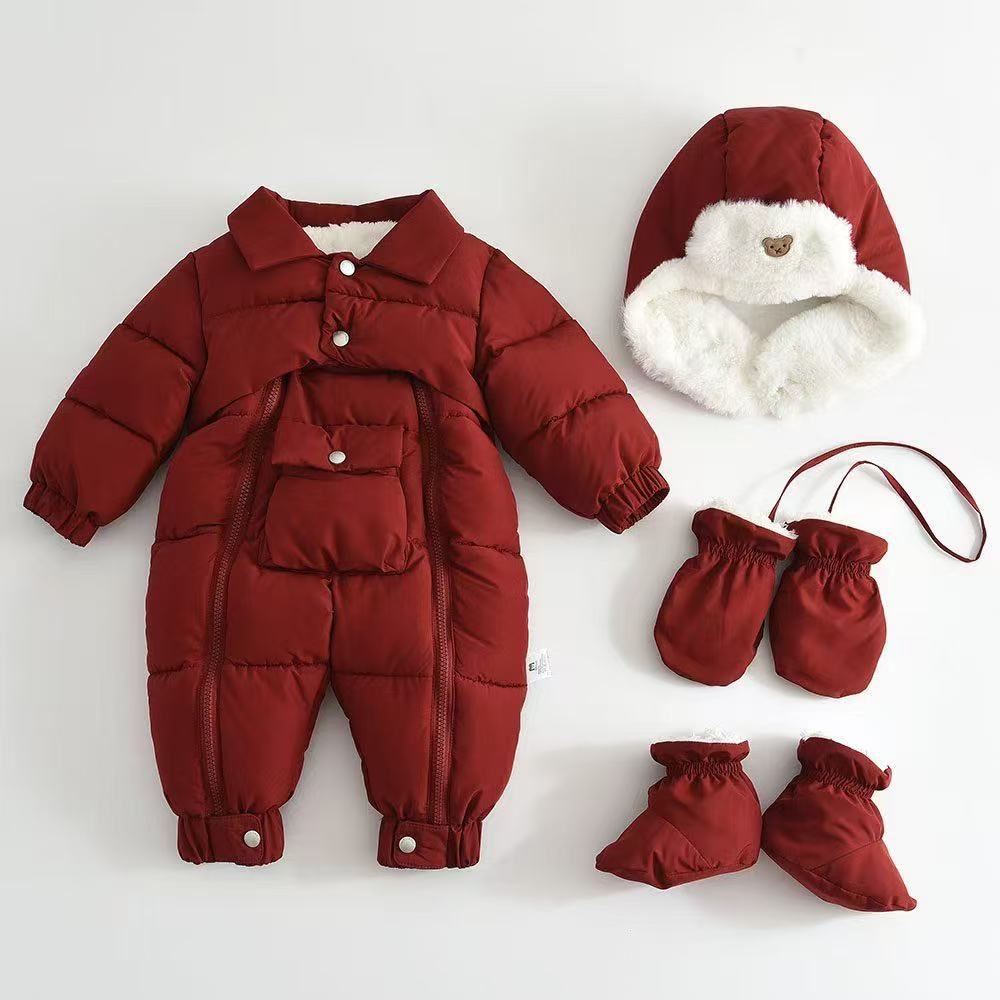 Baby Thickened Cotton-Padded Jumpsuit & Hat