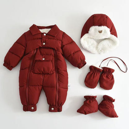 Baby Thickened Cotton-Padded Jumpsuit & Hat