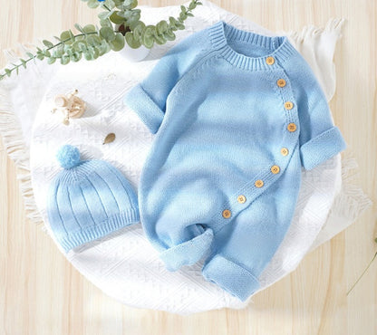 Cozy Knit Baby Romper Set with Hat