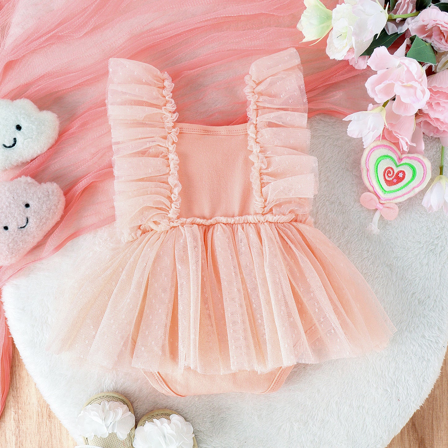 Baby Girl Cotton Princess Jumpsuit Dress with Net Skirt
