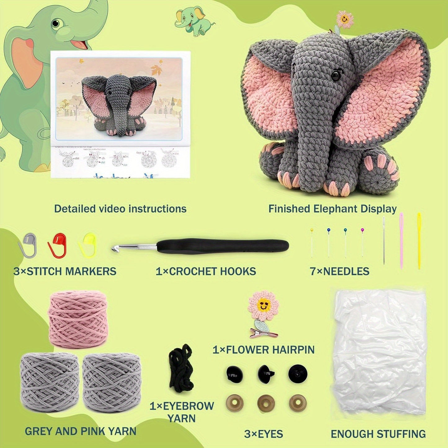 CozyCraft Beginner Crochet Elephant Kit – DIY Animal Amigurumi Set