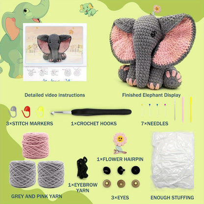 CozyCraft Beginner Crochet Elephant Kit – DIY Animal Amigurumi Set