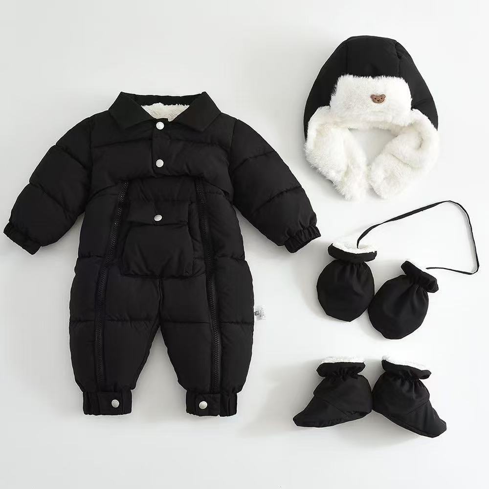 Baby Thickened Cotton-Padded Jumpsuit & Hat